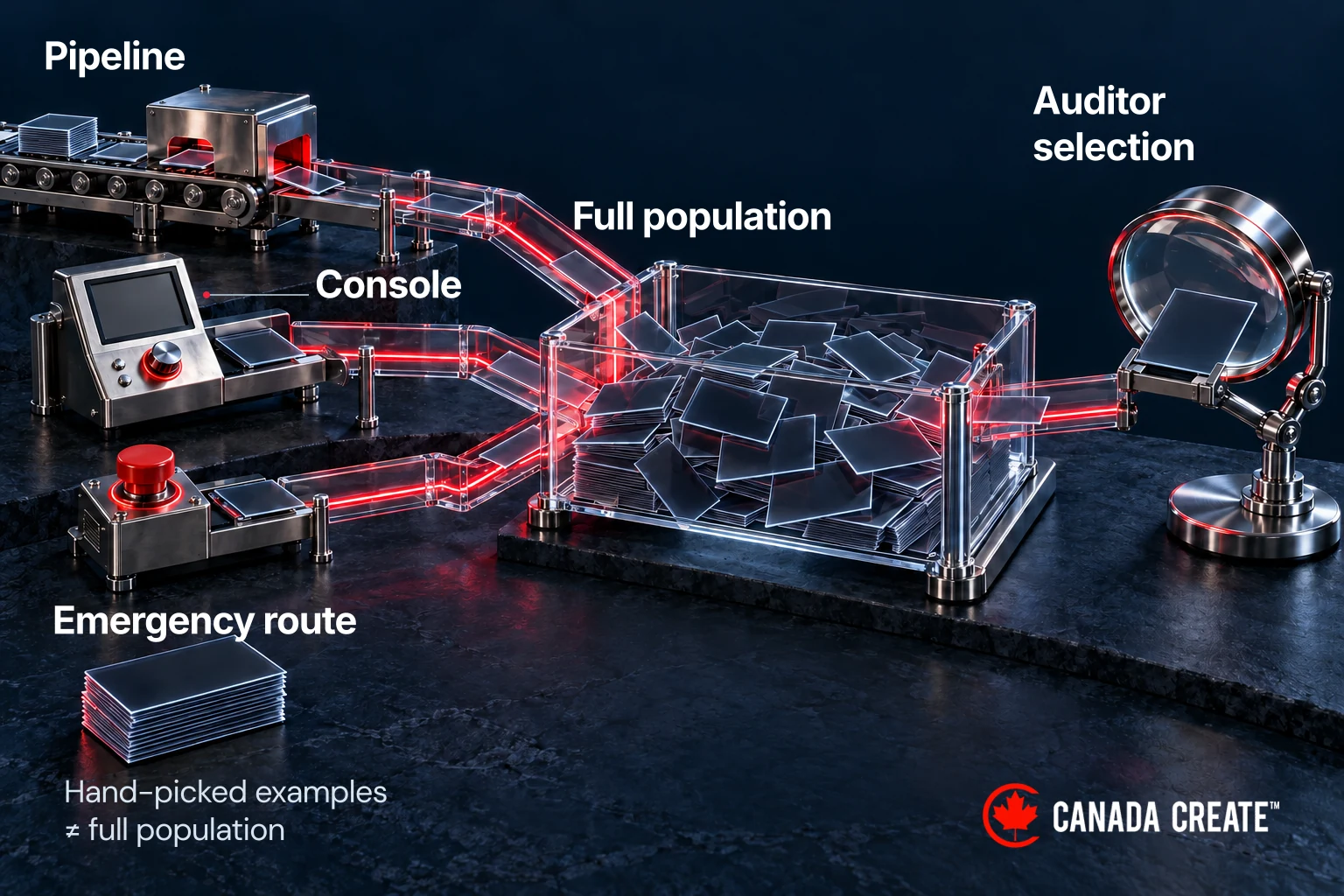Pipeline, console and emergency changes feed a full population from which the auditor can select items.