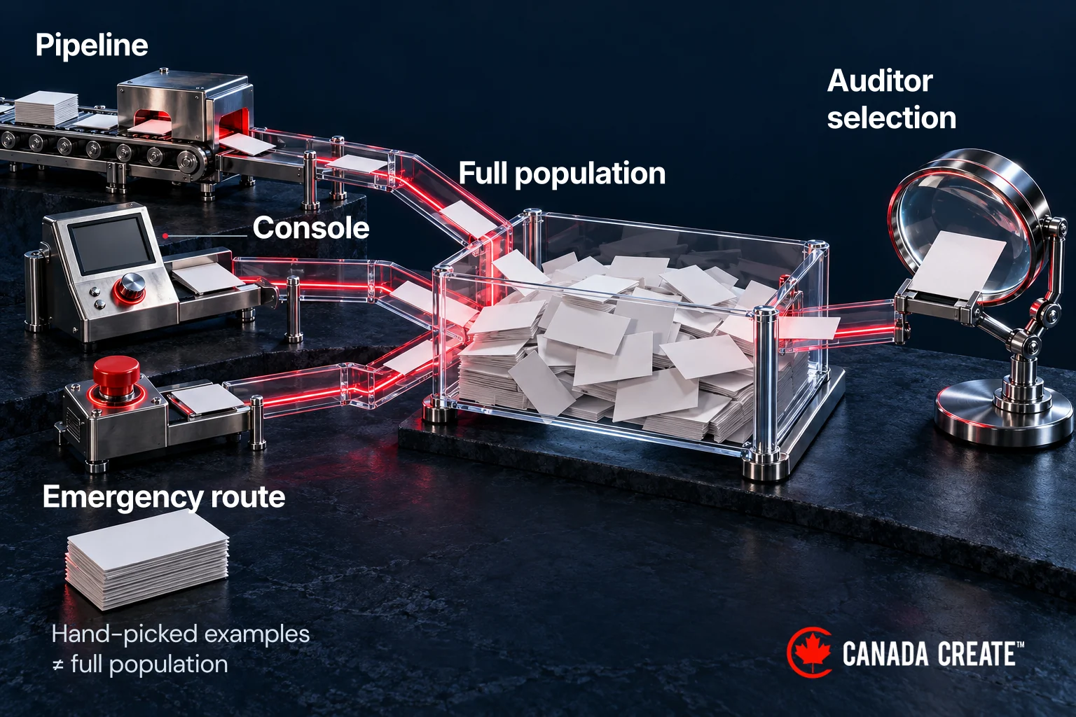 Pipeline, console and emergency changes feed a full population from which the auditor can select items.