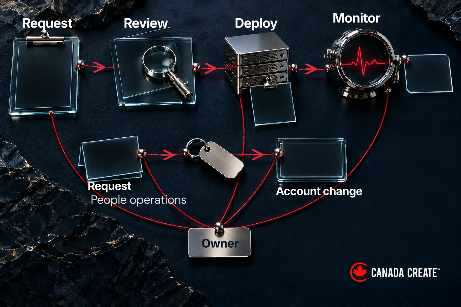 A software-delivery workflow connects requests, review, deployment and monitoring records under assigned owners.