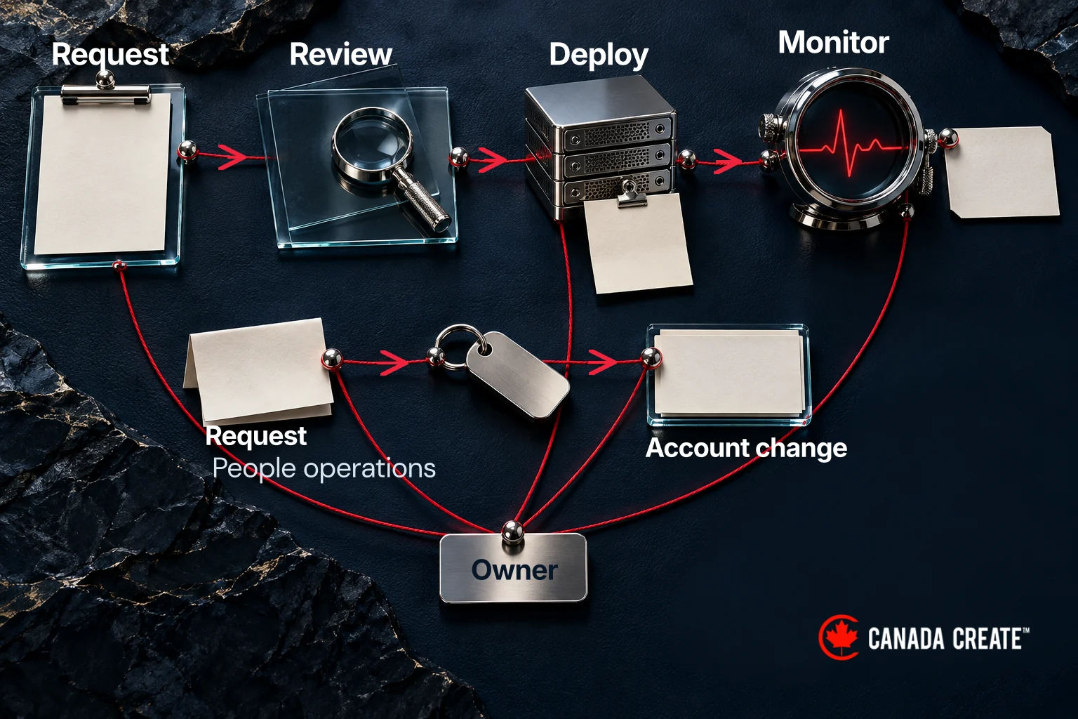 A software-delivery workflow connects requests, review, deployment and monitoring records under assigned owners.