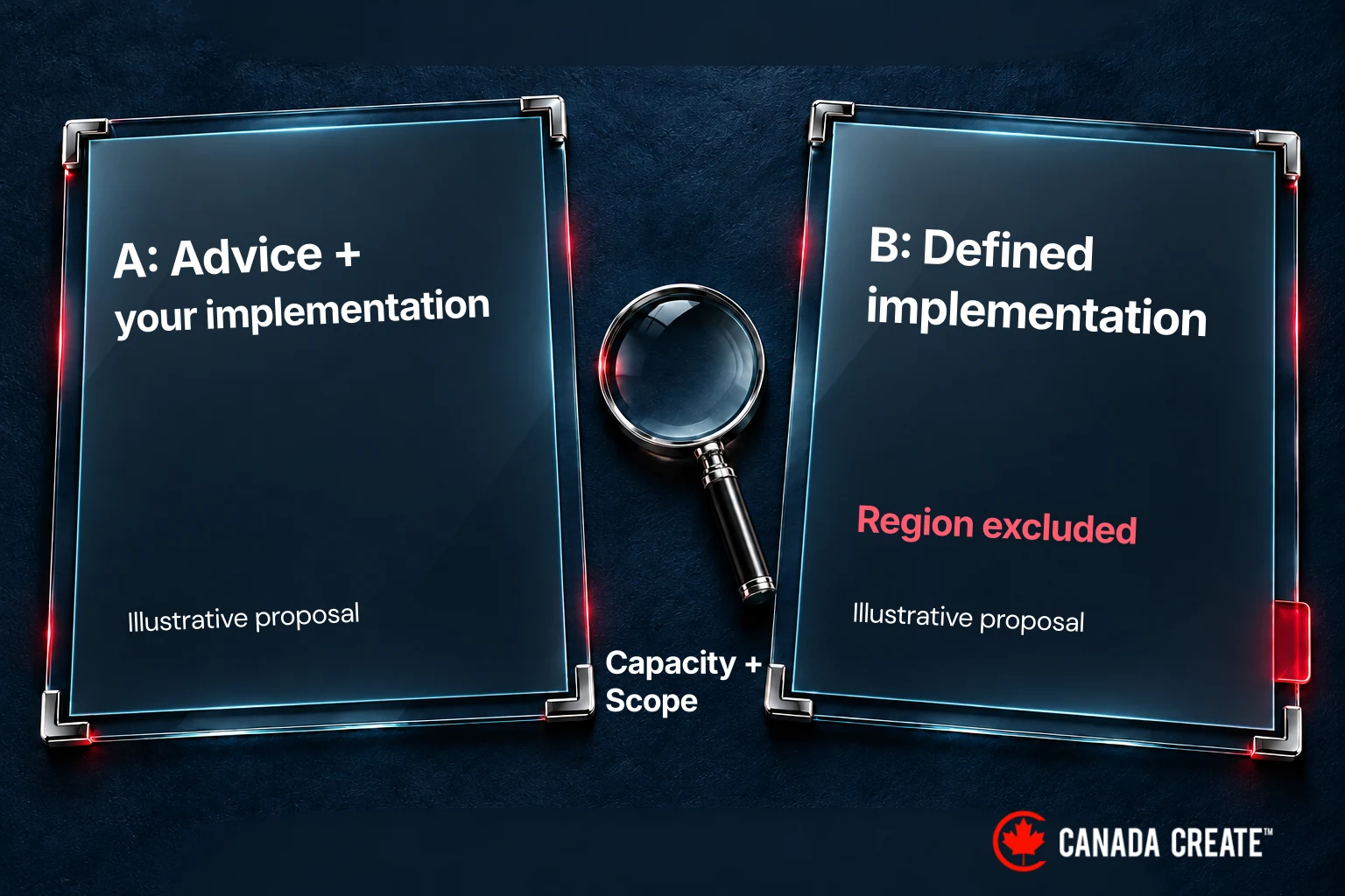 Two fictional proposals are compared on implementation responsibility, internal capacity and an excluded region.