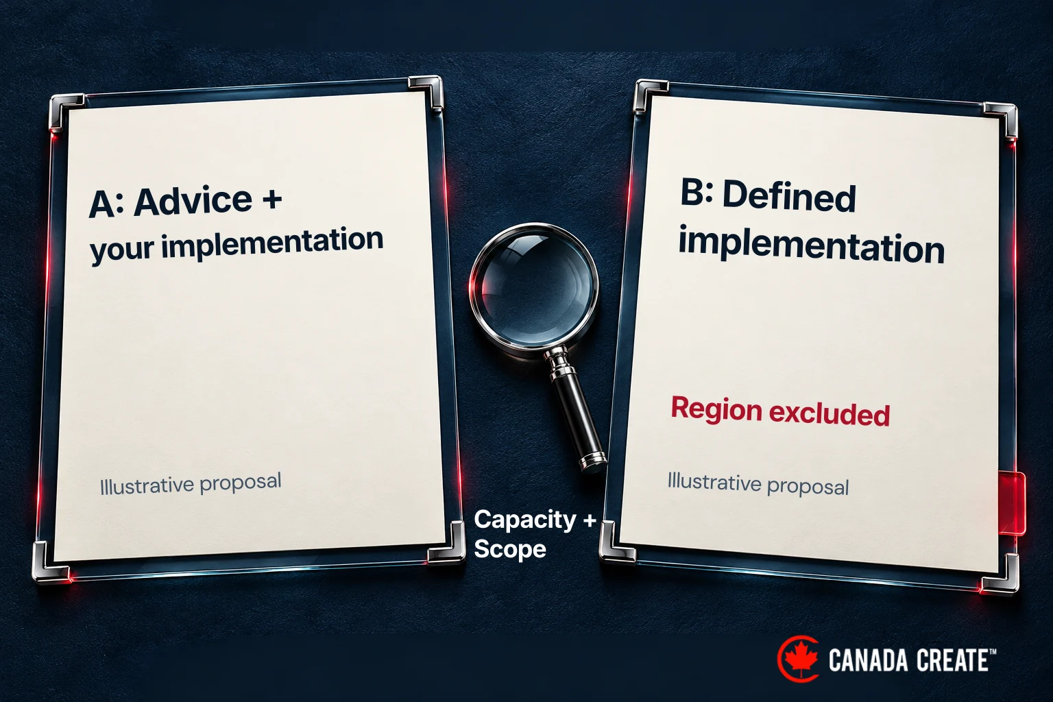 Two fictional proposals are compared on implementation responsibility, internal capacity and an excluded region.