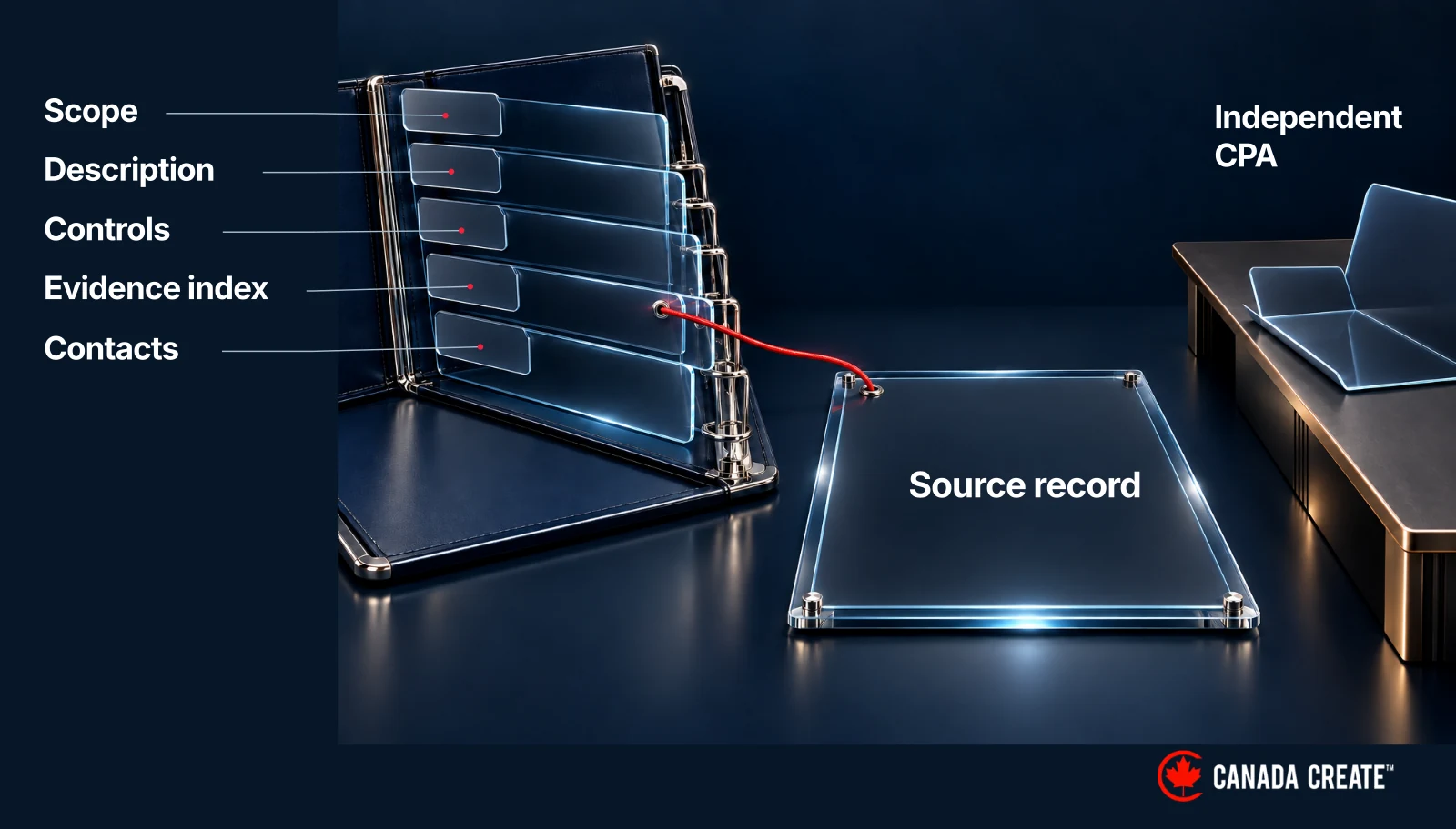 An auditor handoff index connects scope, system description, controls, evidence and responsible contacts to source records.