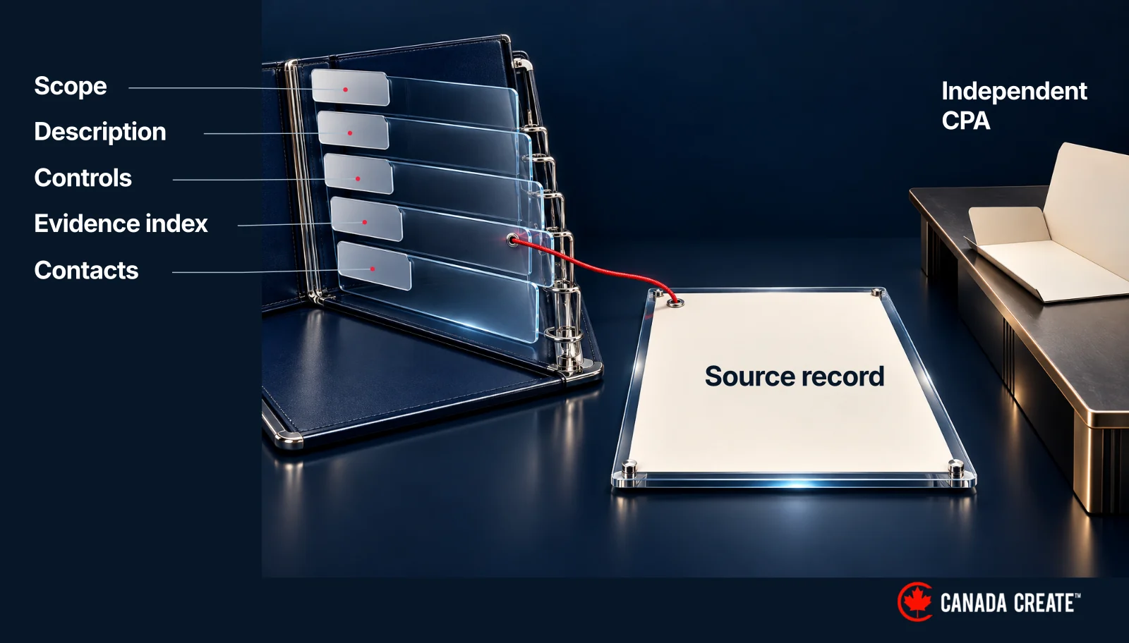 An auditor handoff index connects scope, system description, controls, evidence and responsible contacts to source records.