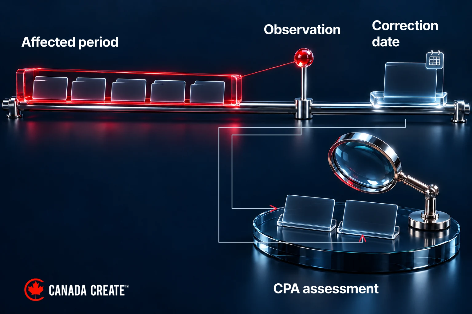 An observation remains linked to its affected period while a later correction is dated separately for CPA assessment.