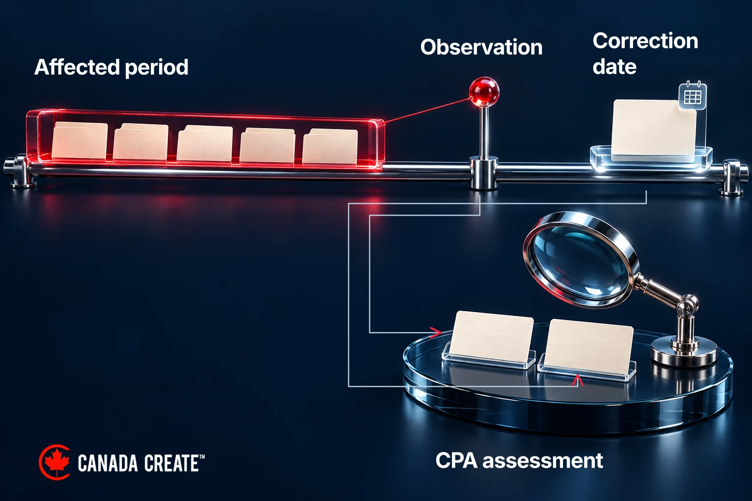An observation remains linked to its affected period while a later correction is dated separately for CPA assessment.