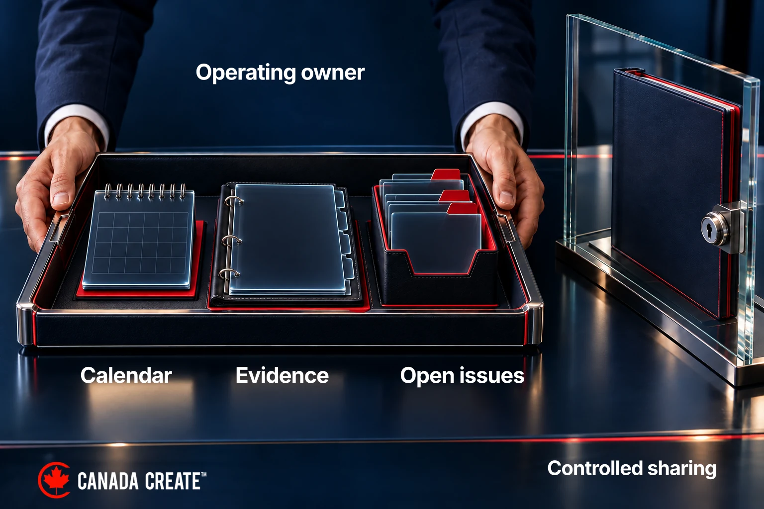 An internal owner receives the control calendar, evidence locations and open issues, with the report shared through a controlled process.