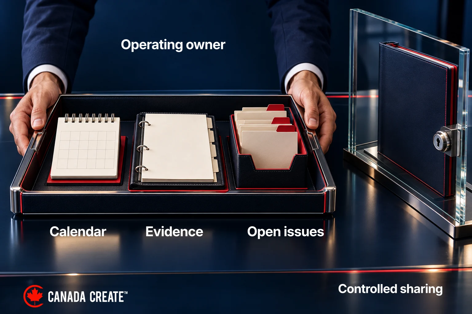 An internal owner receives the control calendar, evidence locations and open issues, with the report shared through a controlled process.