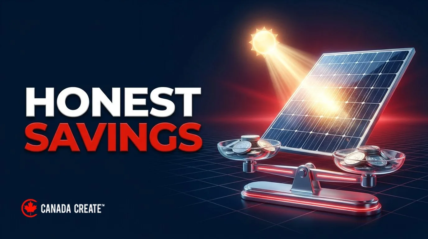 Honest savings: a tilted solar panel catching sunlight beside a glass scale balancing silver coins