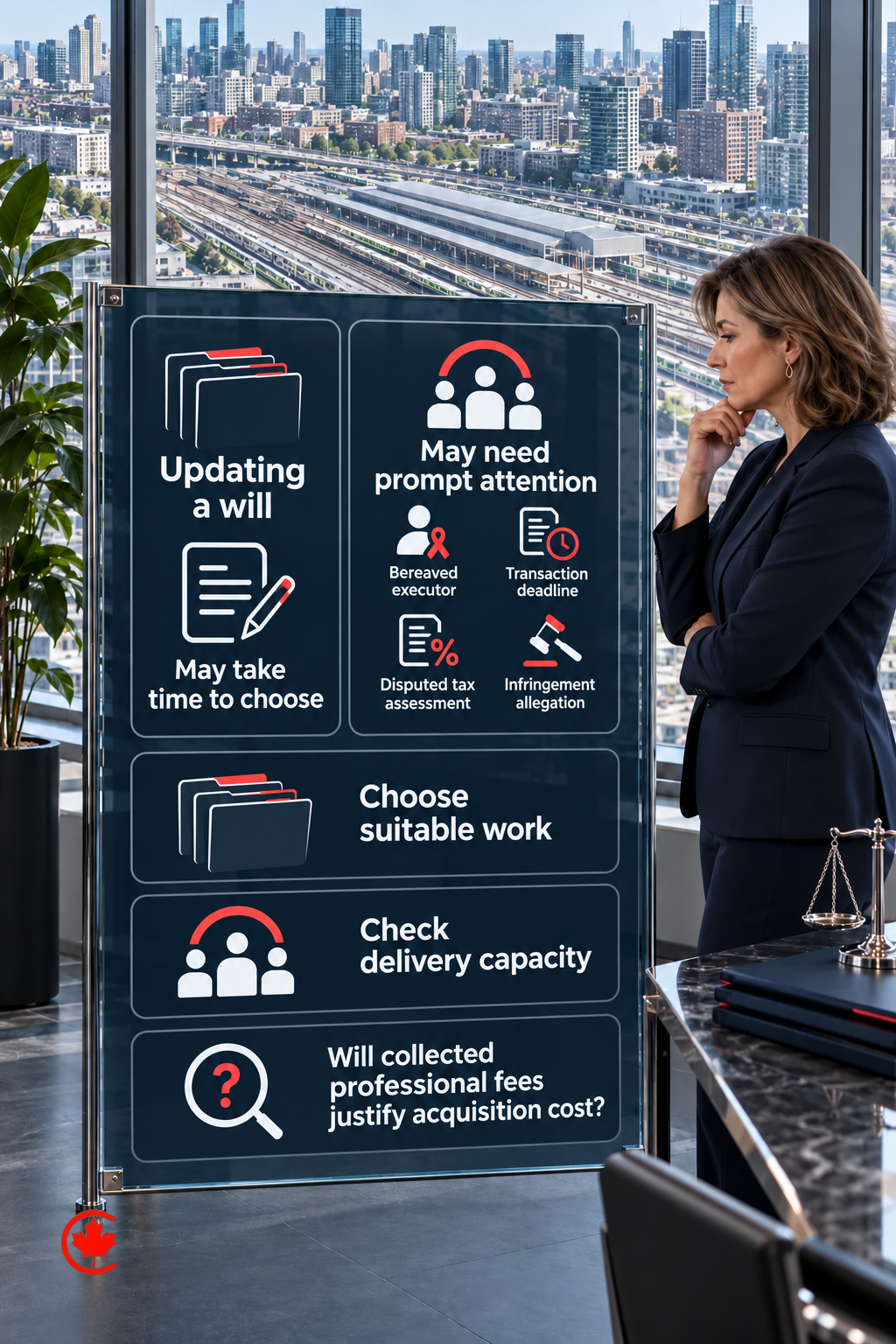 A law-practice owner reviews different client journeys, suitable work and delivery capacity, then asks whether collected professional fees justify acquisition cost.