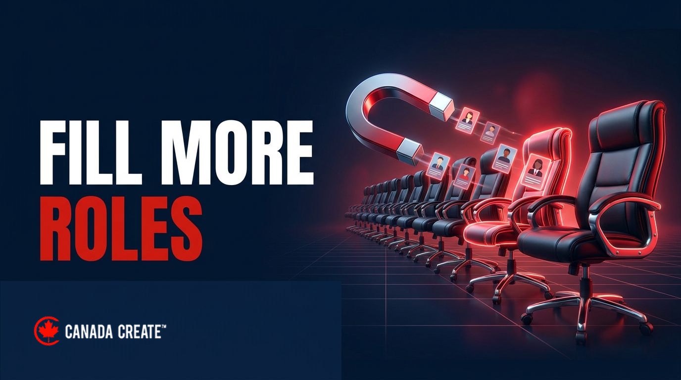 Fill more roles: a row of executive office chairs lighting up red as a chrome magnet pulls profile cards toward them