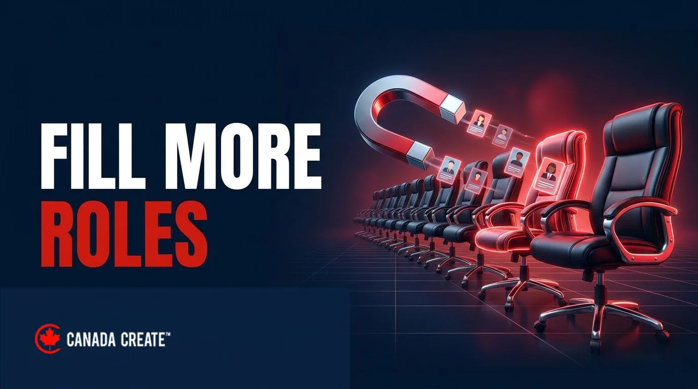 Fill more roles: a row of executive office chairs lighting up red as a chrome magnet pulls profile cards toward them