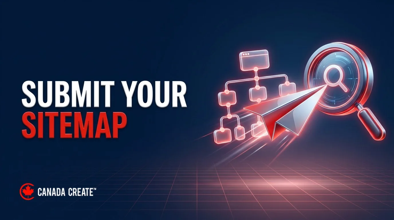 Submit your sitemap: a paper plane carrying a site map of page nodes toward a magnifying glass