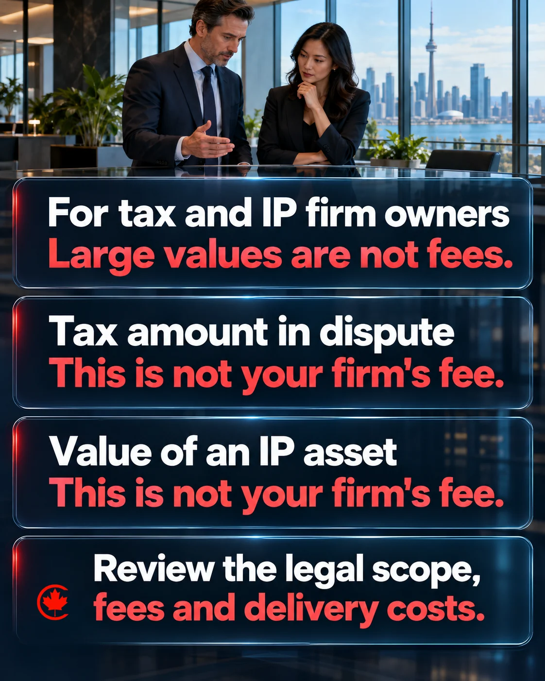 Two navy glass panels tell tax and IP firm owners that a tax amount in dispute and the value of an IP asset are not their firm’s fee, followed by a prompt to review scope, fees and delivery costs.