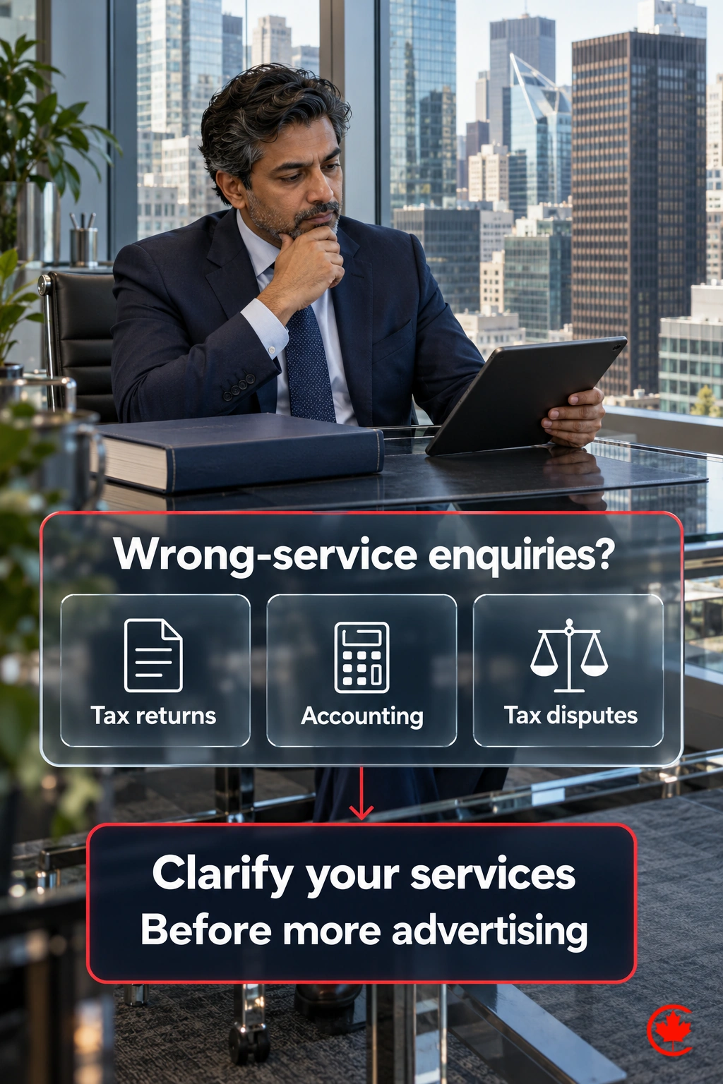 A tax-practice owner compares enquiries about tax returns, accounting support and legal disputes with the firm’s actual service scope before considering more advertising.