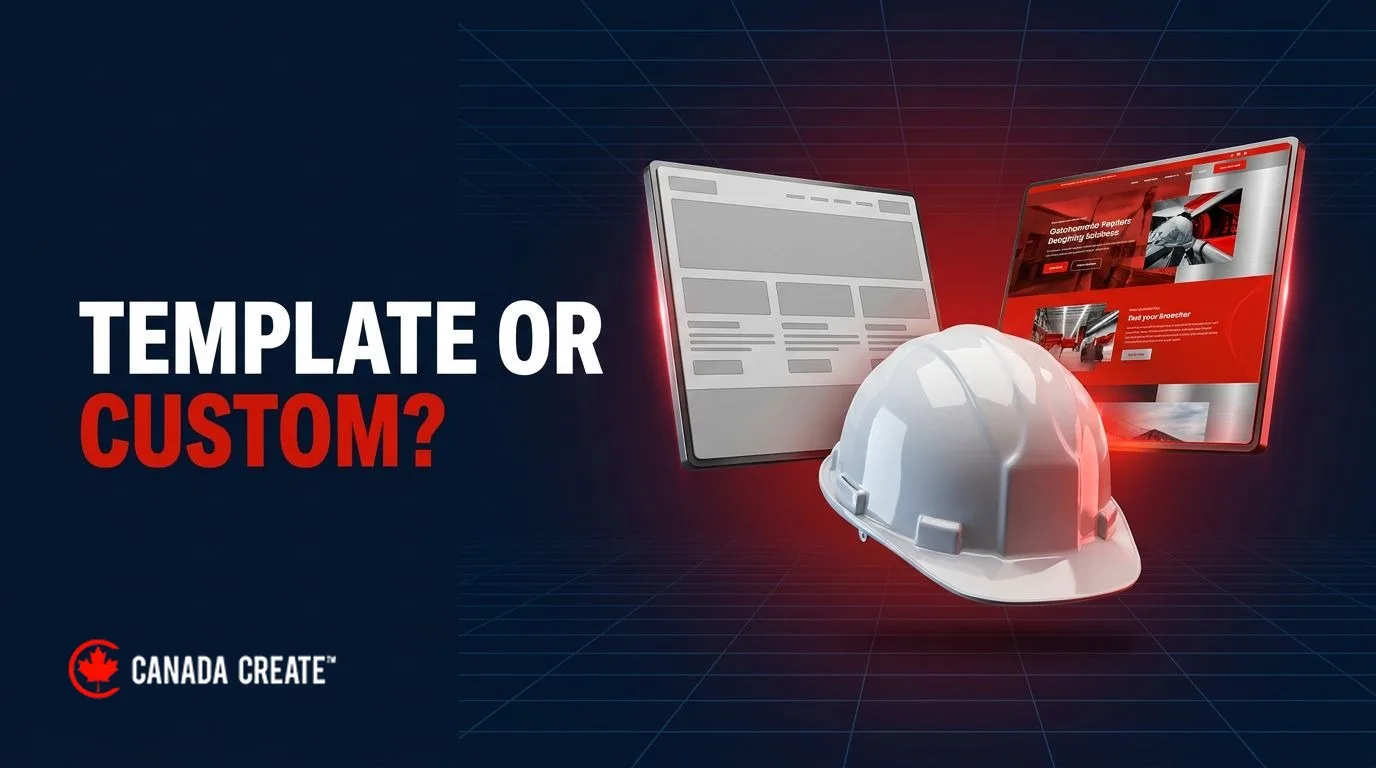 Template or custom: a hard hat in front of a plain template site and a custom site glowing red