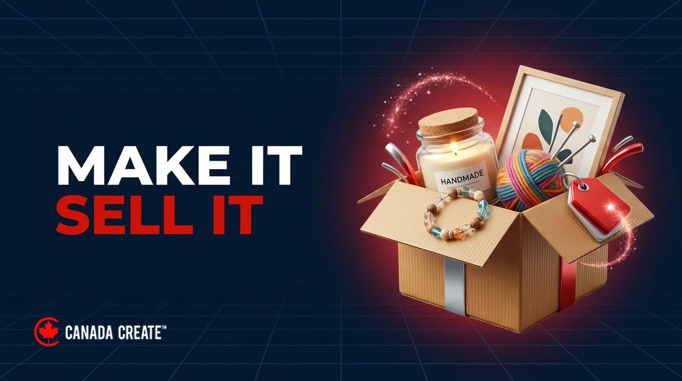 Make it, sell it: a shipping box filled with a candle, yarn, a bracelet and an art print