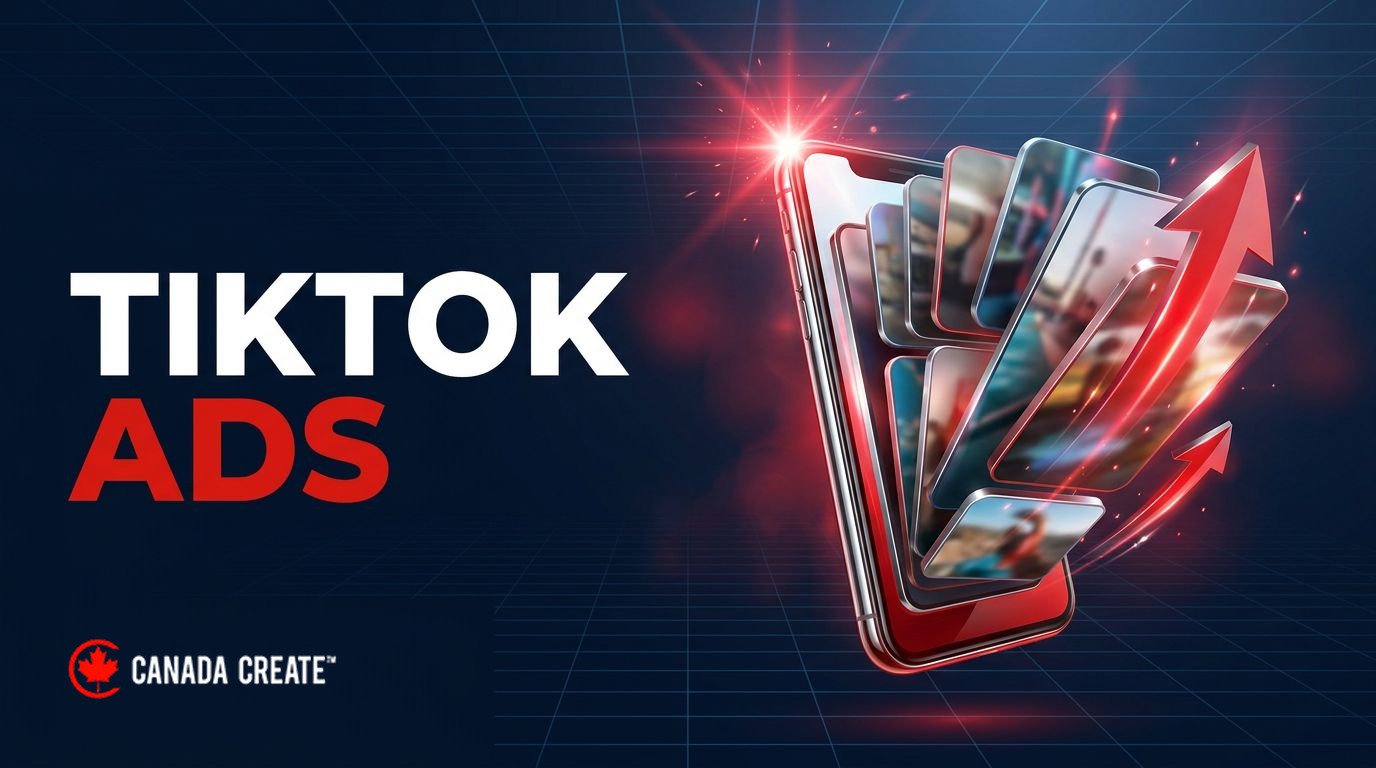 TikTok ads: a vertical smartphone with short video frames spilling out like cards and red swipe-up arrows