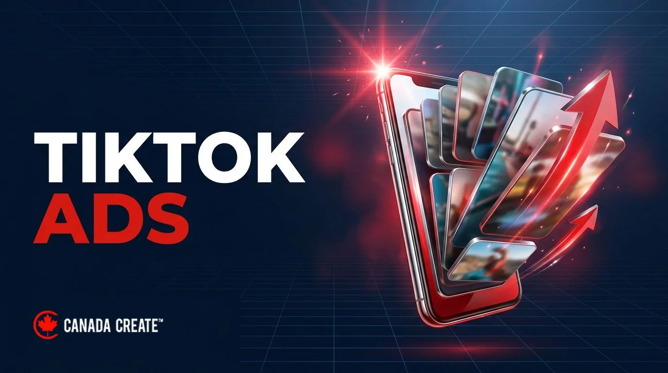 TikTok ads: a vertical smartphone with short video frames spilling out like cards and red swipe-up arrows