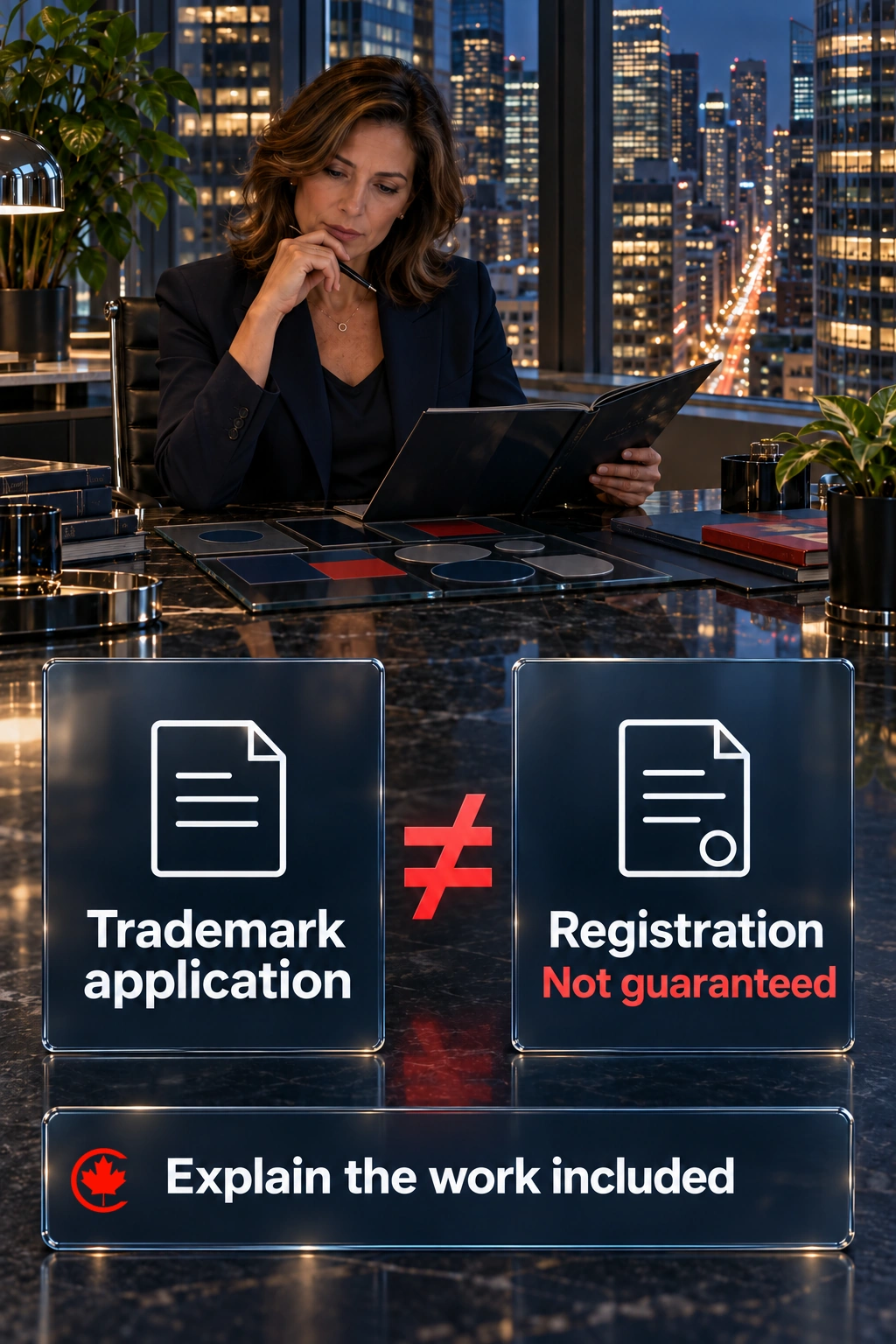Two glass panels distinguish trademark application work from registration, marked as not guaranteed, with a prompt to explain the work included.