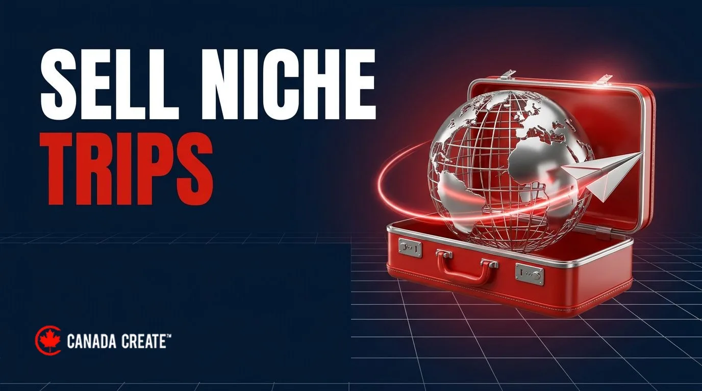 Sell niche trips: a red suitcase bursting open with a chrome globe rising out and a silver paper plane looping around