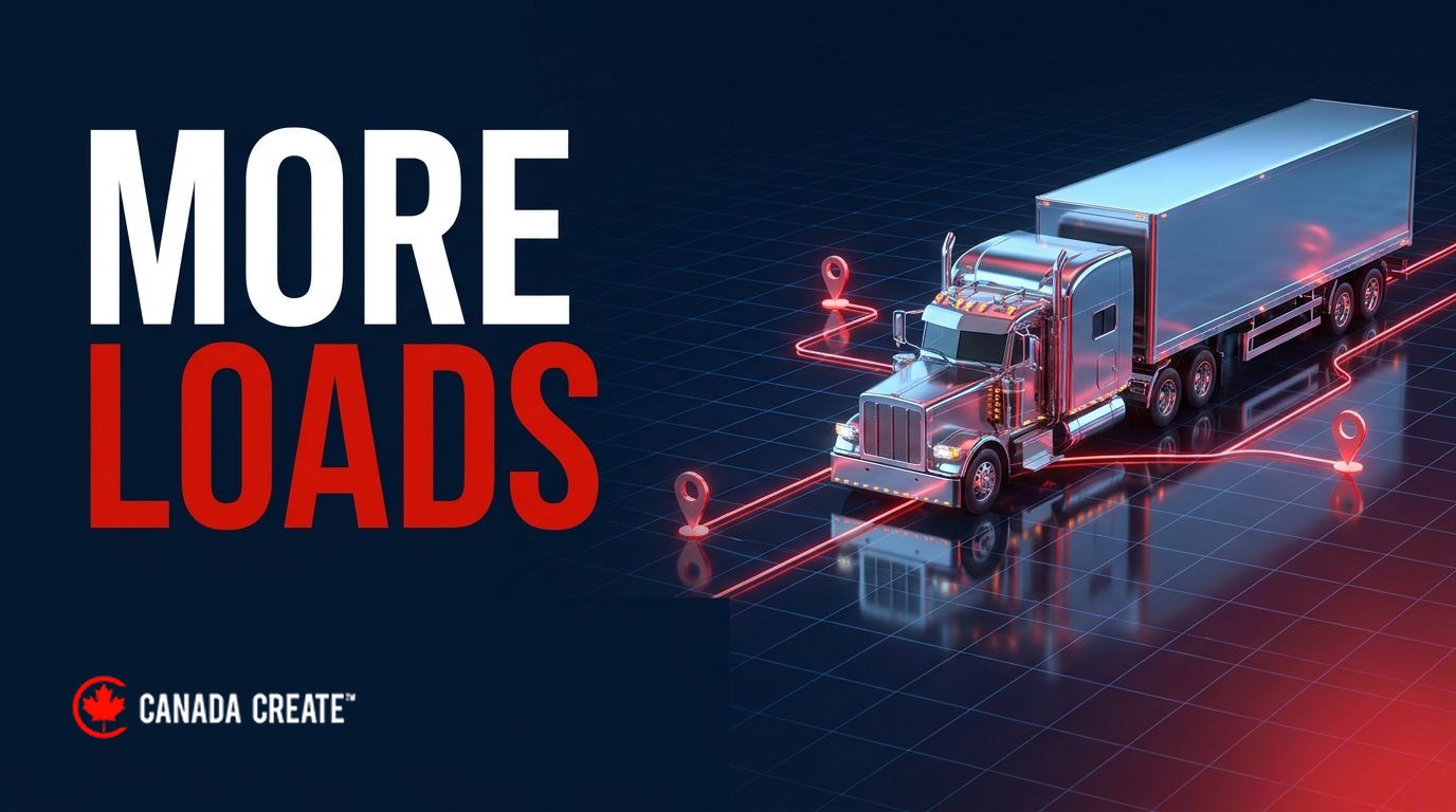 More loads: a chrome semi truck crossing a glass map with red route lines branching ahead to several pins