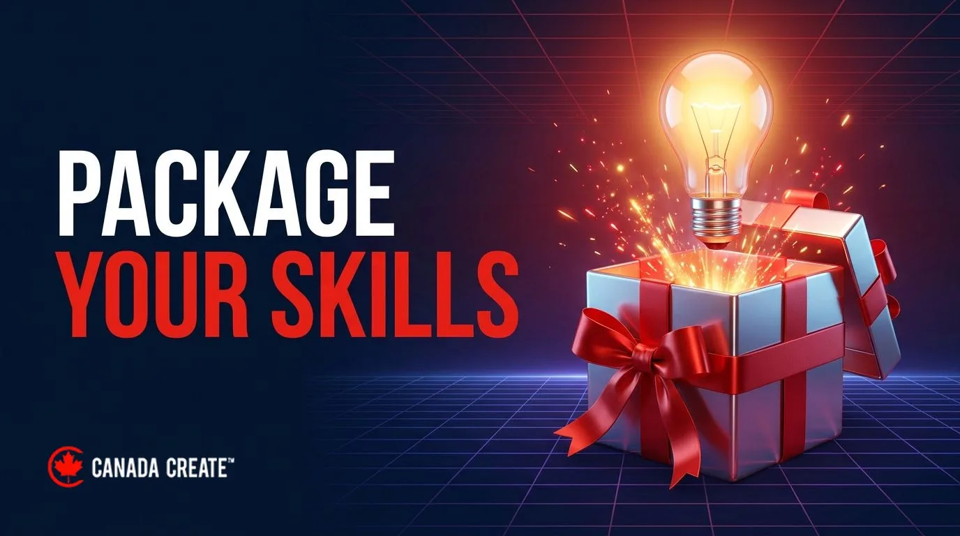 Package your skills: a glowing light bulb dropping into a product box tied with a red ribbon