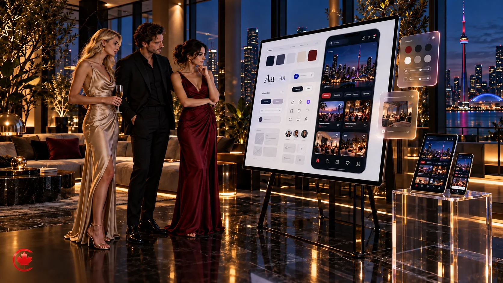 Three people review a UI component library and responsive event-discovery prototype in a Toronto studio at night.