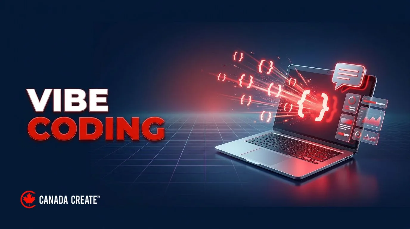 Vibe coding: a laptop with red code brackets bursting from the screen and a chat bubble turning into app screens