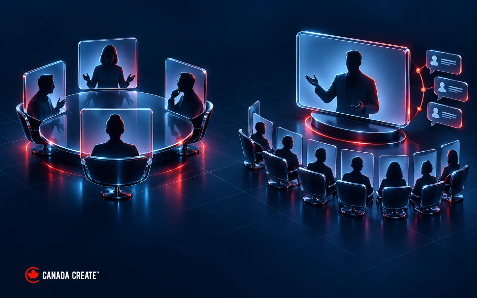 A conversational video meeting compared with a presenter-led webinar and audience questions.