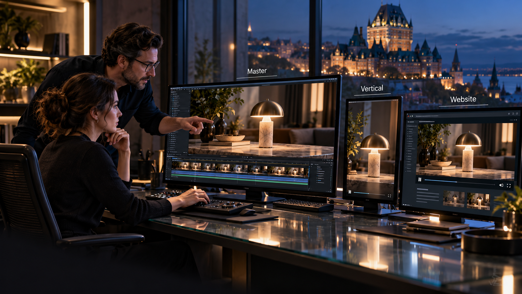 Editor and producer reviewing a master video, a vertical cut and a website-player version for businesses in Toronto and across Canada.