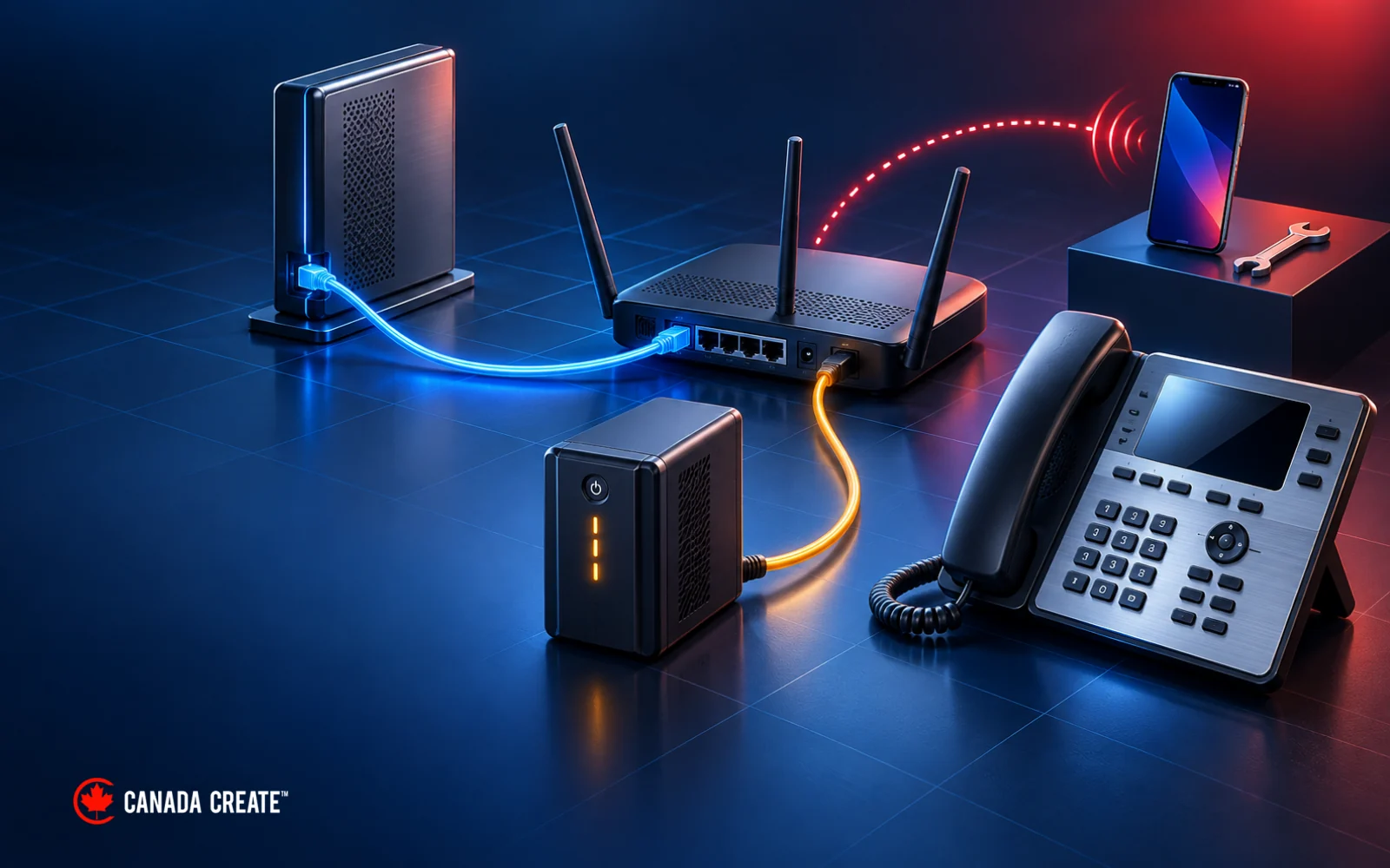 Business calling supported by a primary connection, a backup route and battery power.