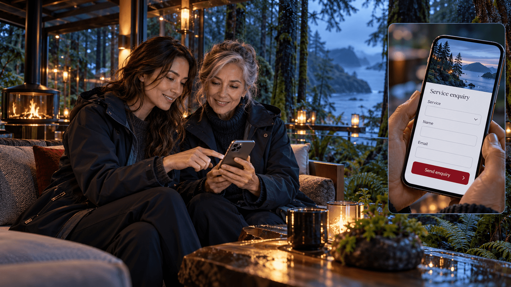 Two women reviewing a mobile website enquiry form in a coastal rainforest pavilion.