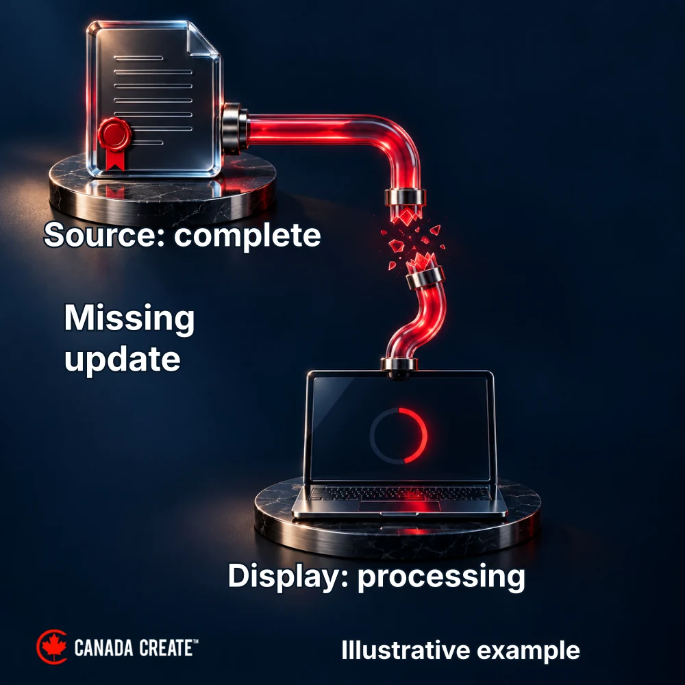 Illustrative example: A source shows a completed document while the customer dashboard still shows processing.