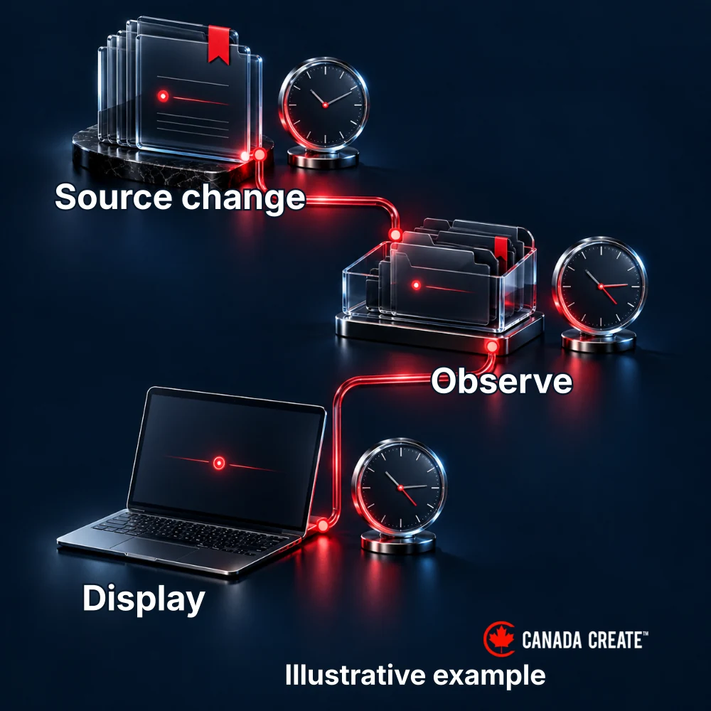 Illustrative example: Three clocks show source change, observation and displayed state as separate moments.
