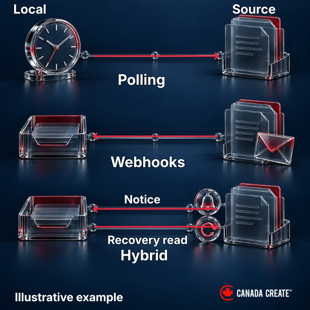 Illustrative example: Polling, webhook and hybrid paths differ in who initiates work and how recovery occurs.