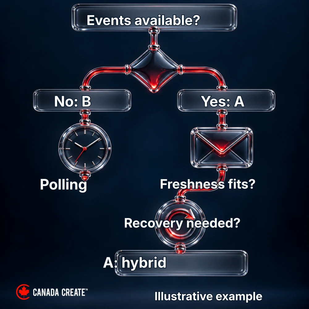 Illustrative example: A connector decision branches on source support, freshness and recovery requirements.