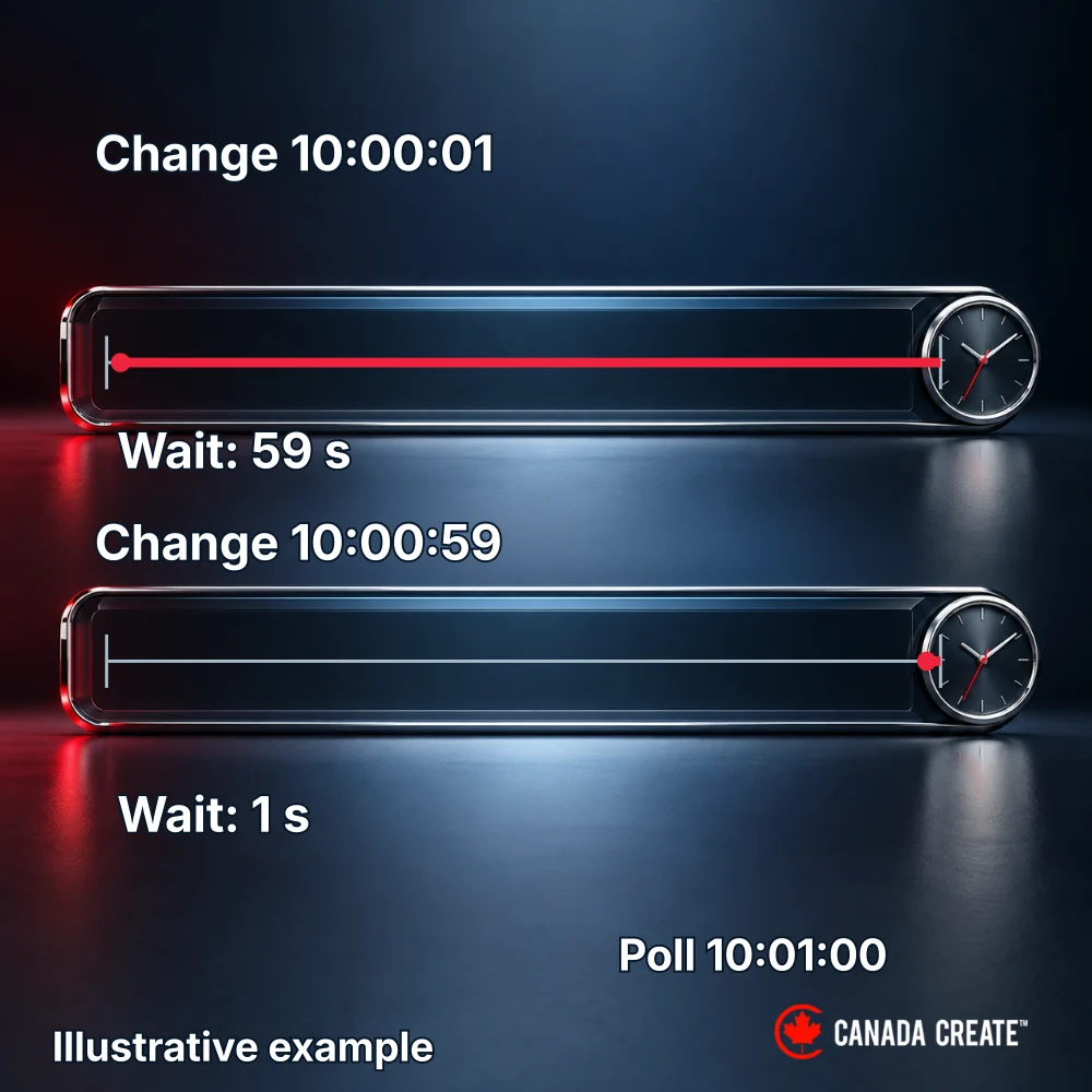 Illustrative example: A change just after a poll waits 59 seconds while a later change waits one second.