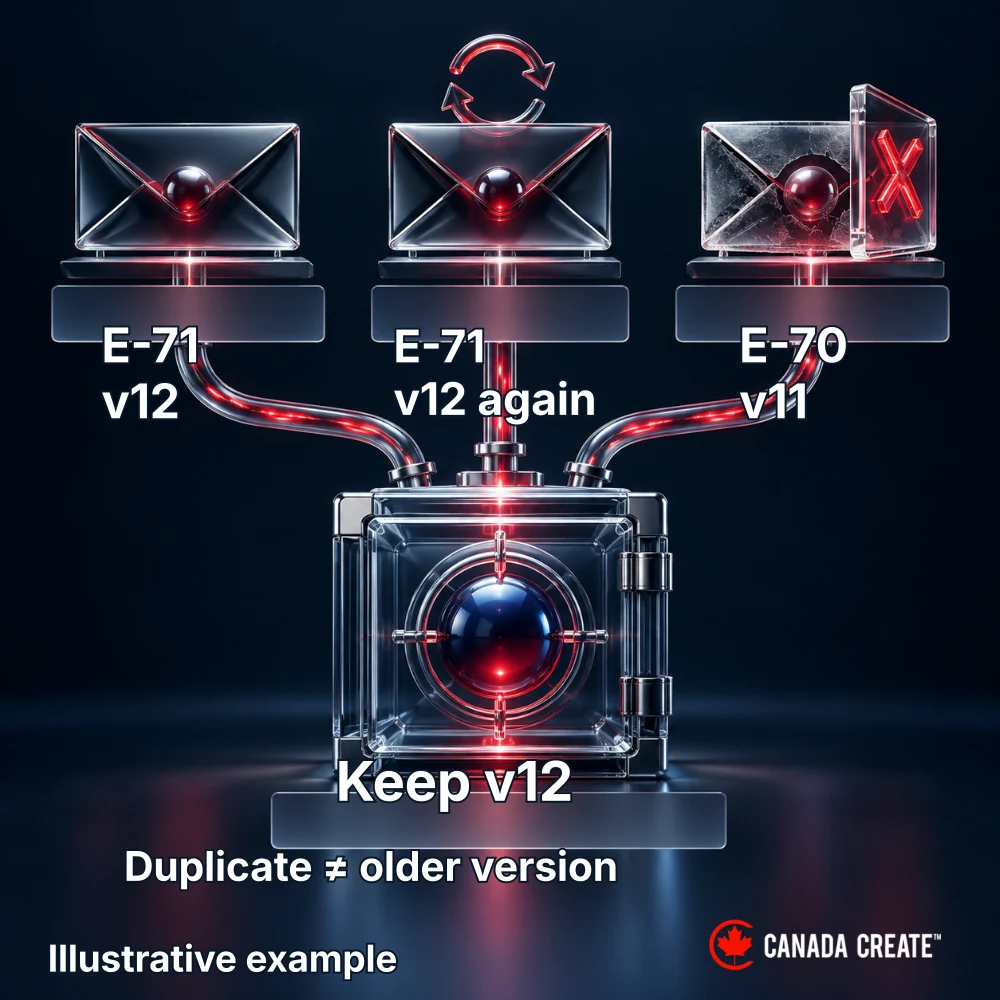 Illustrative example: A repeated version-12 event and a delayed version-11 event leave version 12 unchanged.