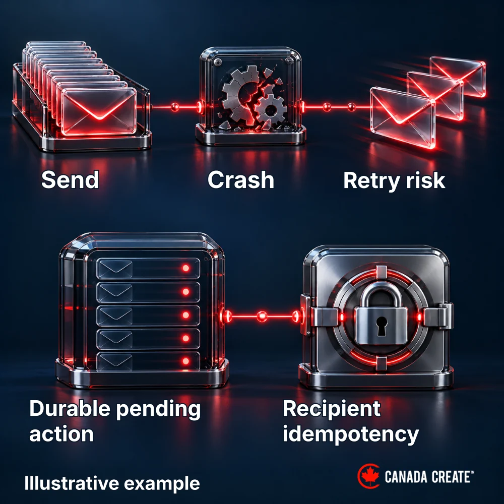 Illustrative example: A worker crash after an external action can lead to a repeated effect despite event deduplication.