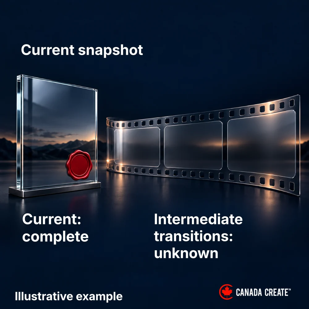 Illustrative example: A complete current snapshot sits beside gaps in the historical transition sequence.