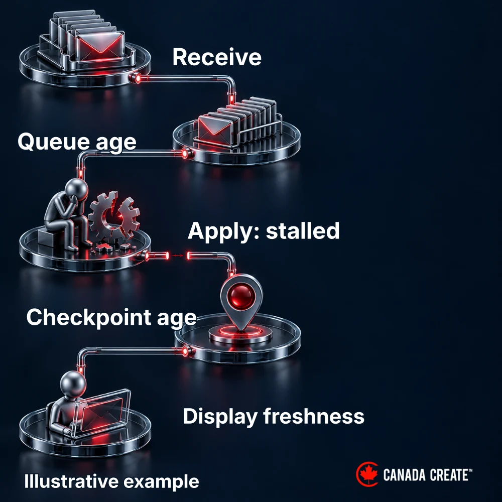Illustrative example: Operational signals trace work from receiving through queueing and application to display freshness.