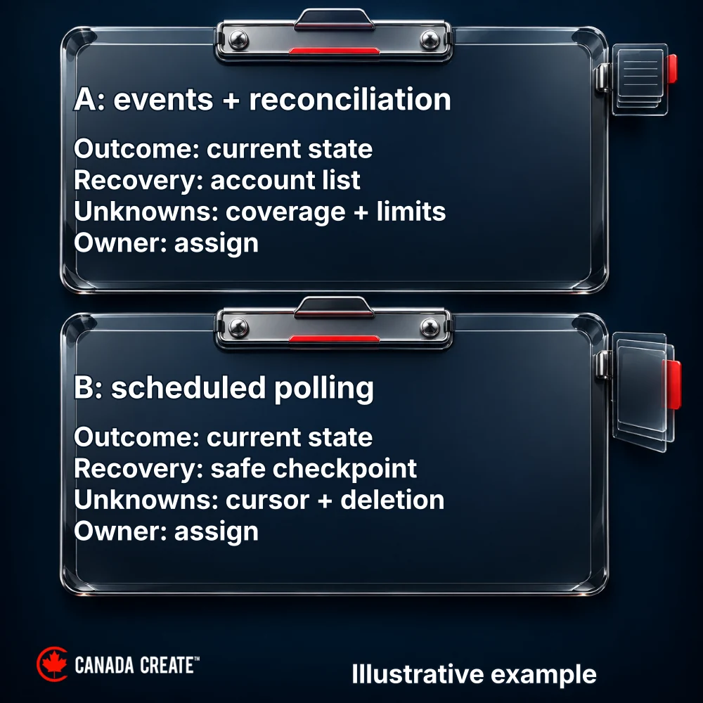 Illustrative example: A connector decision record links outcomes and source constraints to primary and recovery paths.