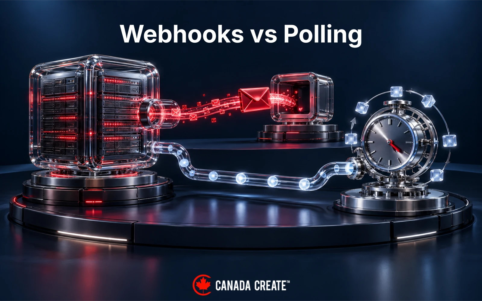 A smoked-glass source sends event notices alongside a separate clock-driven polling path.
