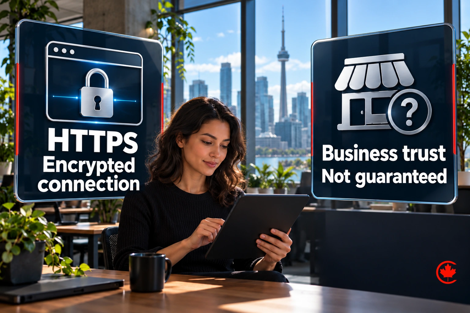 HTTPS provides an encrypted connection; business trust is not guaranteed.