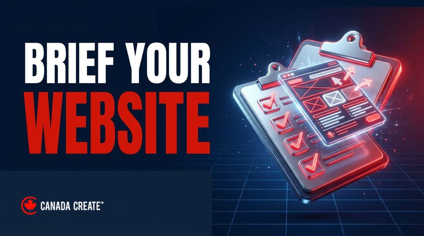 Brief your website: a clipboard checklist with a glowing website layout rising out of it