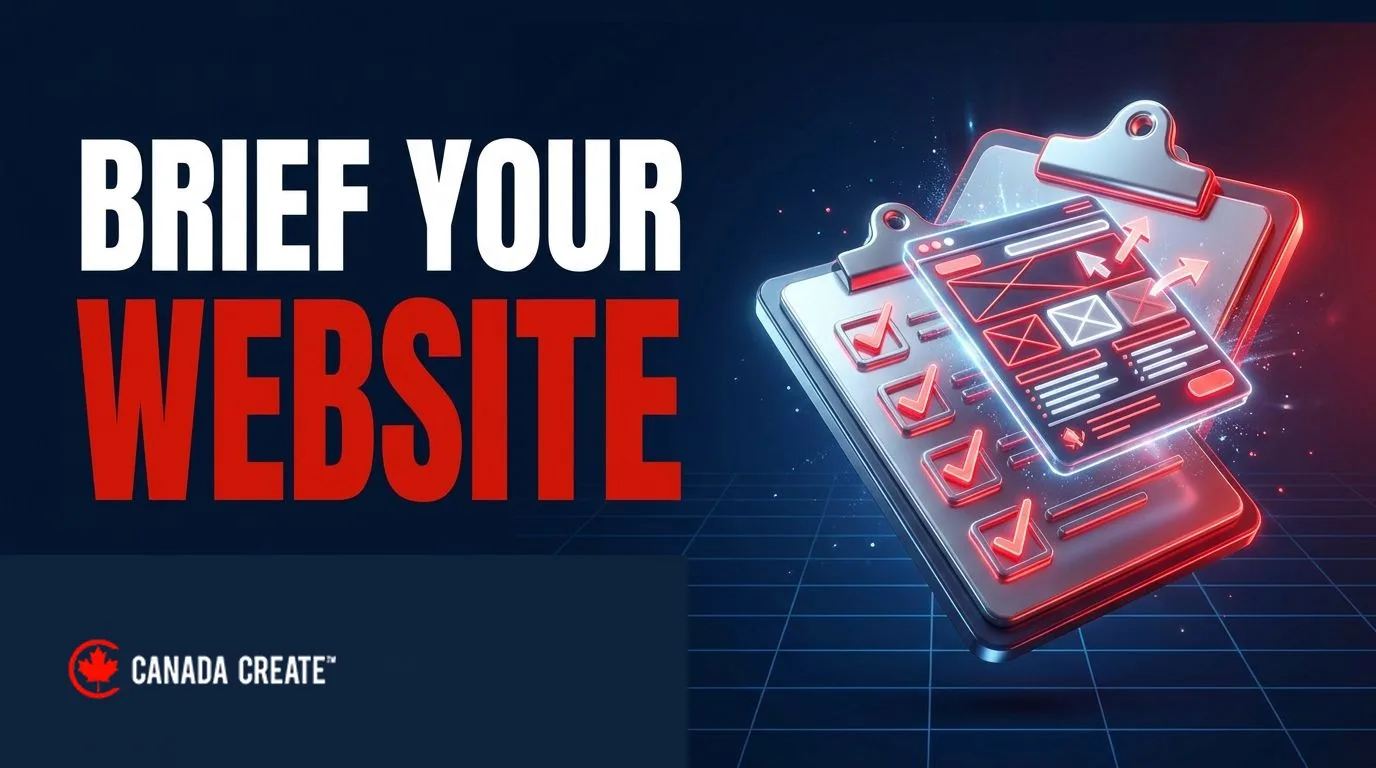 Brief your website: a clipboard checklist with a glowing website layout rising out of it