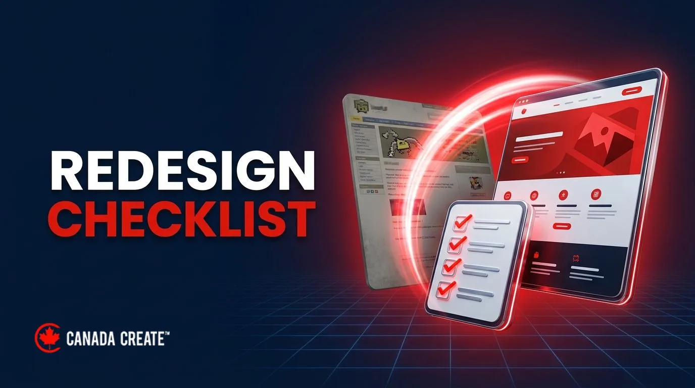 Redesign checklist: an old grey website turning into a sleek red-accented site beside a checklist