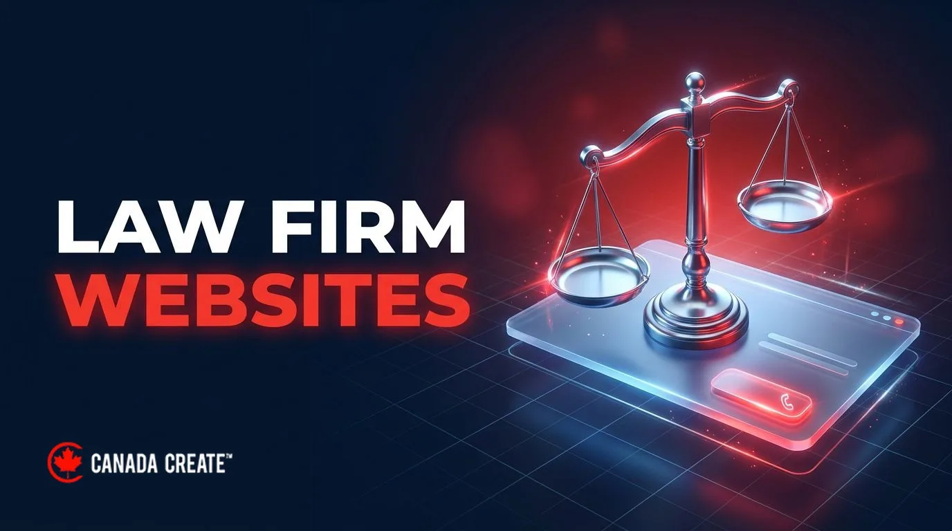 Law firm websites: scales of justice standing on a website card with a glowing red call button