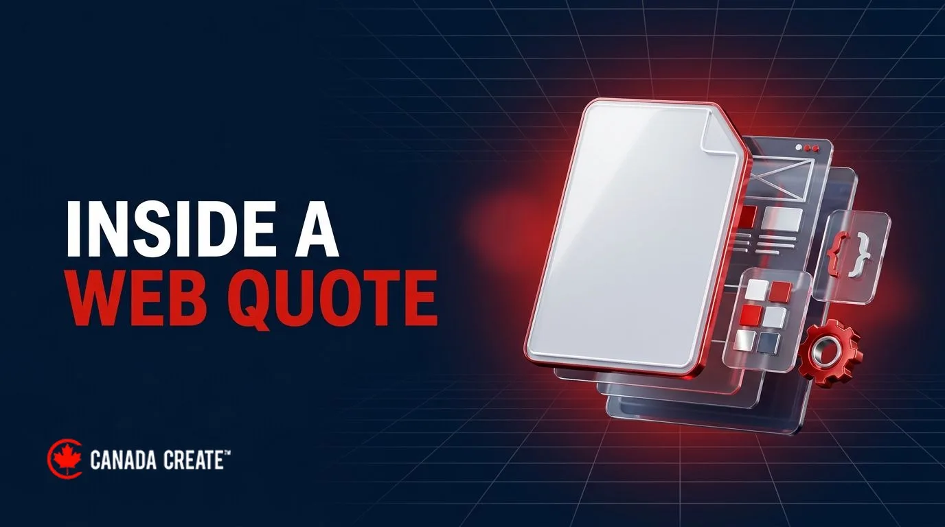 Inside a web quote: a document breaking into layers of wireframe, colour palette, code and a red gear